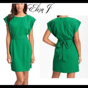 ELIZA J Green Drape Sleeve Pleated Missy Sheath Waist Dress Size 4